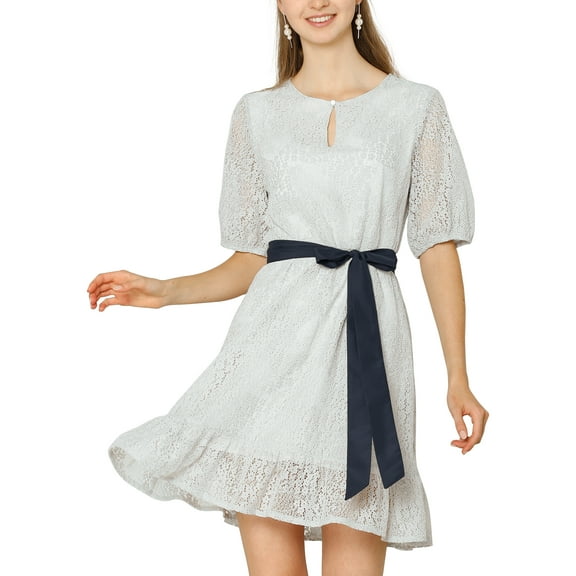 MODA NOVA Junior's Keyhole Tie Waist A-Line Flare Floral Lace Dress