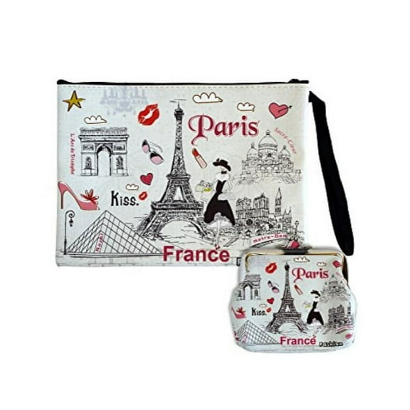 digital print faux leather wallet cosmetic pouch and coin purse - 2pcs set - :paris france