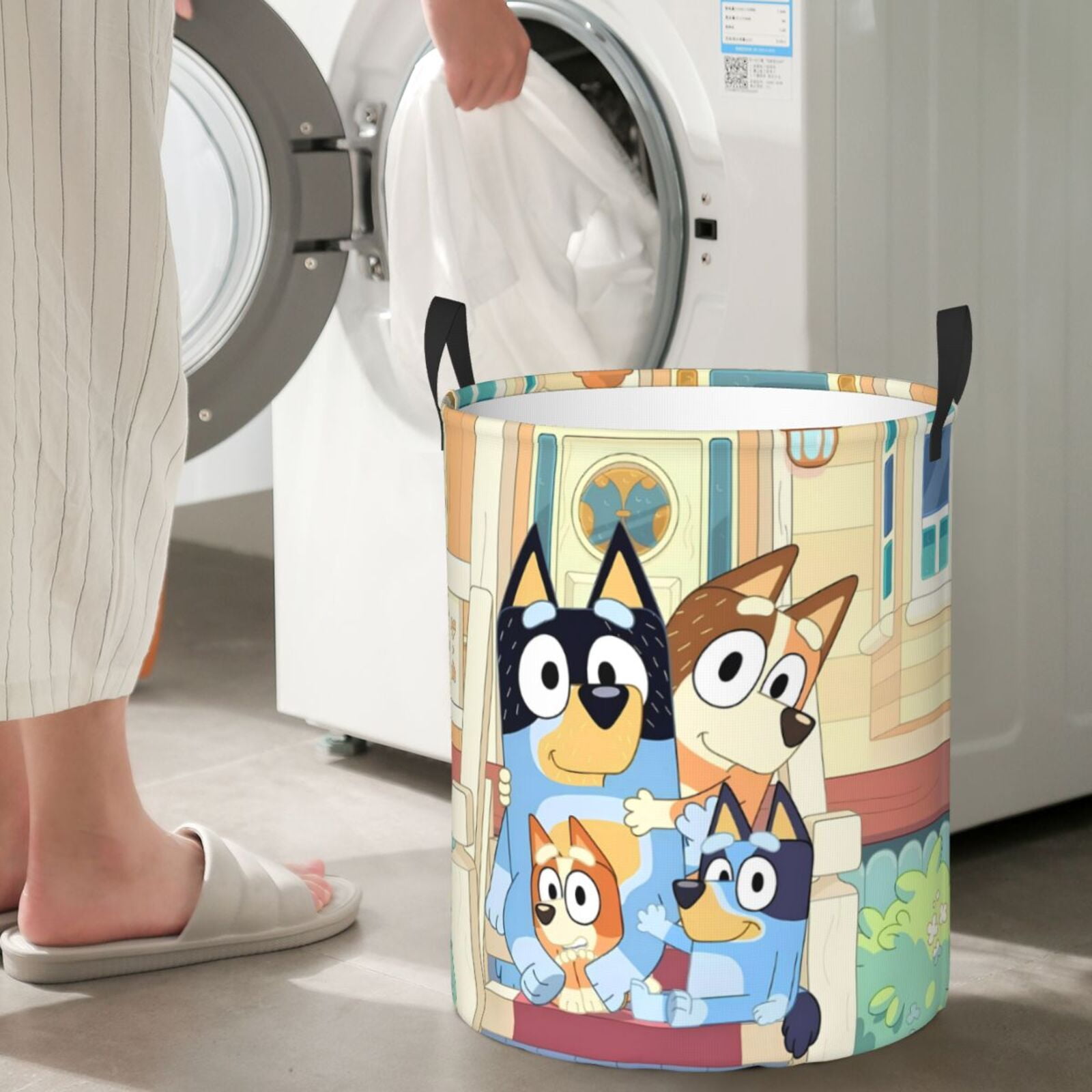Silaia Bluey Print Round Laundry Clothes Hamper,Laundry Basket with Handles,Baby Toys Storage Organizer,Bins Laundry Basket for Bathroom, Bedroom Decorate-Small