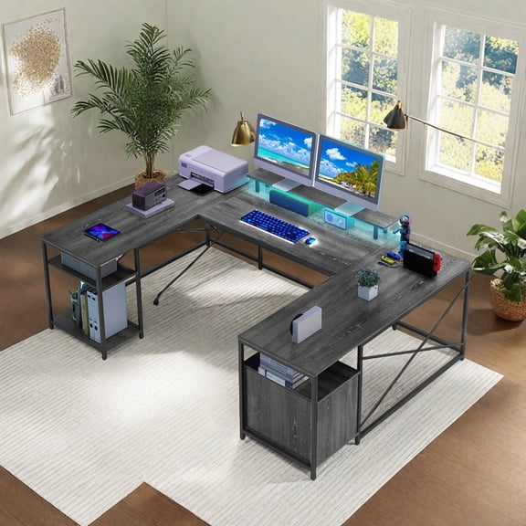 Uforic U Shaped Computer Desk with Power Outlets and LED Lights, Reversible L Shape Desk for Home Office, Gray