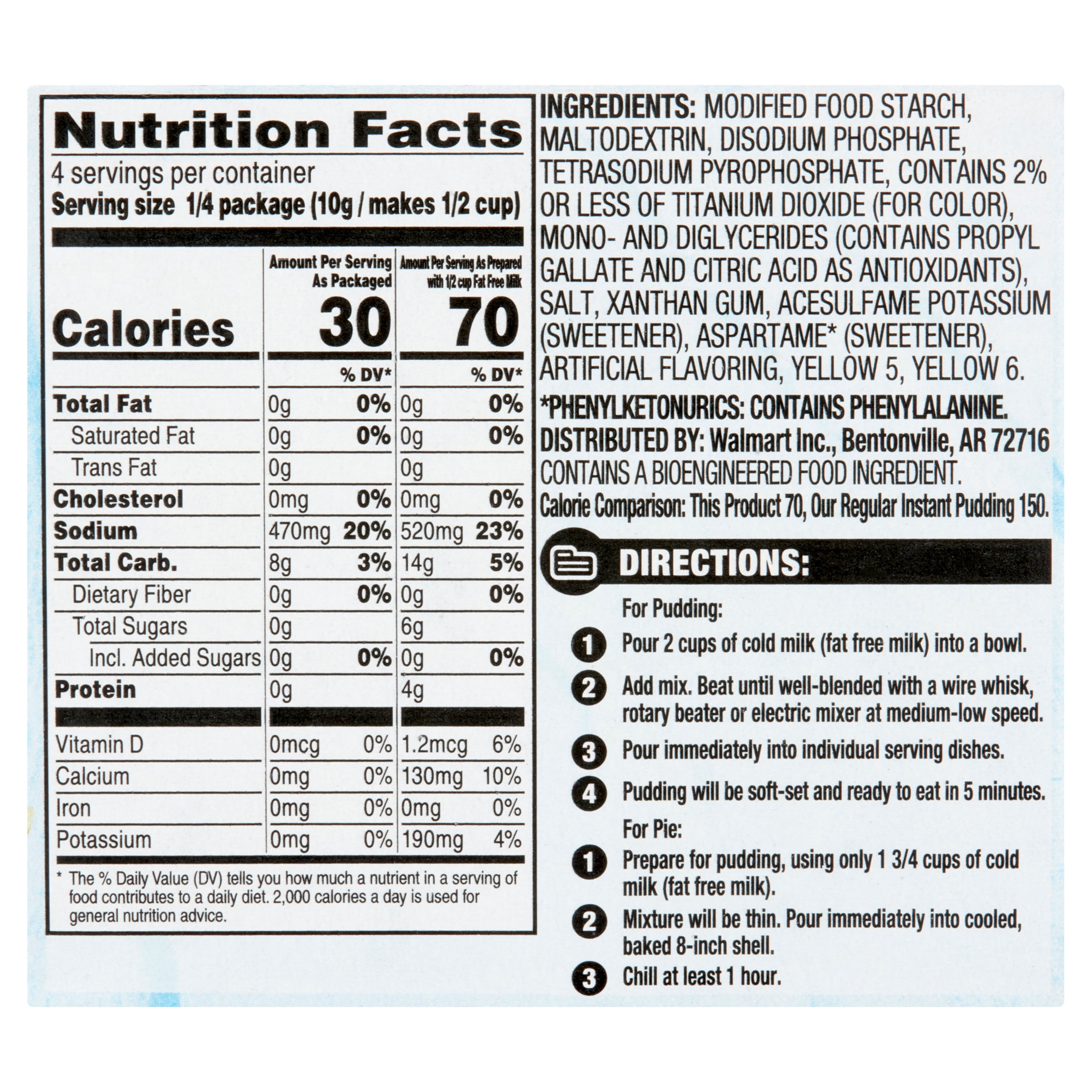 Great Value Sugar Free Vanilla Instant Pudding and Pie Filling, 1.34 oz