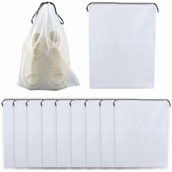 10Pcs 15.8 x 11.8 inch Clear Plastic Drawstring Bags Bulk Shoe Storage Pouch Portable Waterproof PE Frosted Travel Shoe Bag with Drawstring Rope Cosmetic Toiletry Organizers for Packing Home