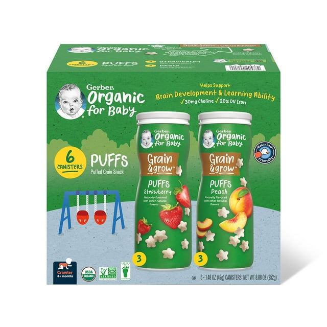 Gerber Organic Grain & Grow Cereal Puffs Variety Pack, Peach and Strawberry, 1.48 oz., 6 pk.