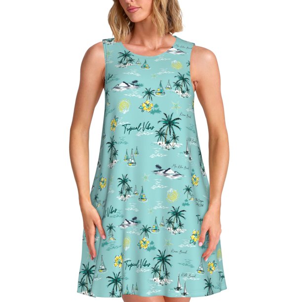 Fotbe Hawaiian Style Vestido de Verano sin Mangas para Mujer – Vestido Midi Línea A, Estilo Camiseta Floral, Vestido Playero Casual y Fluido