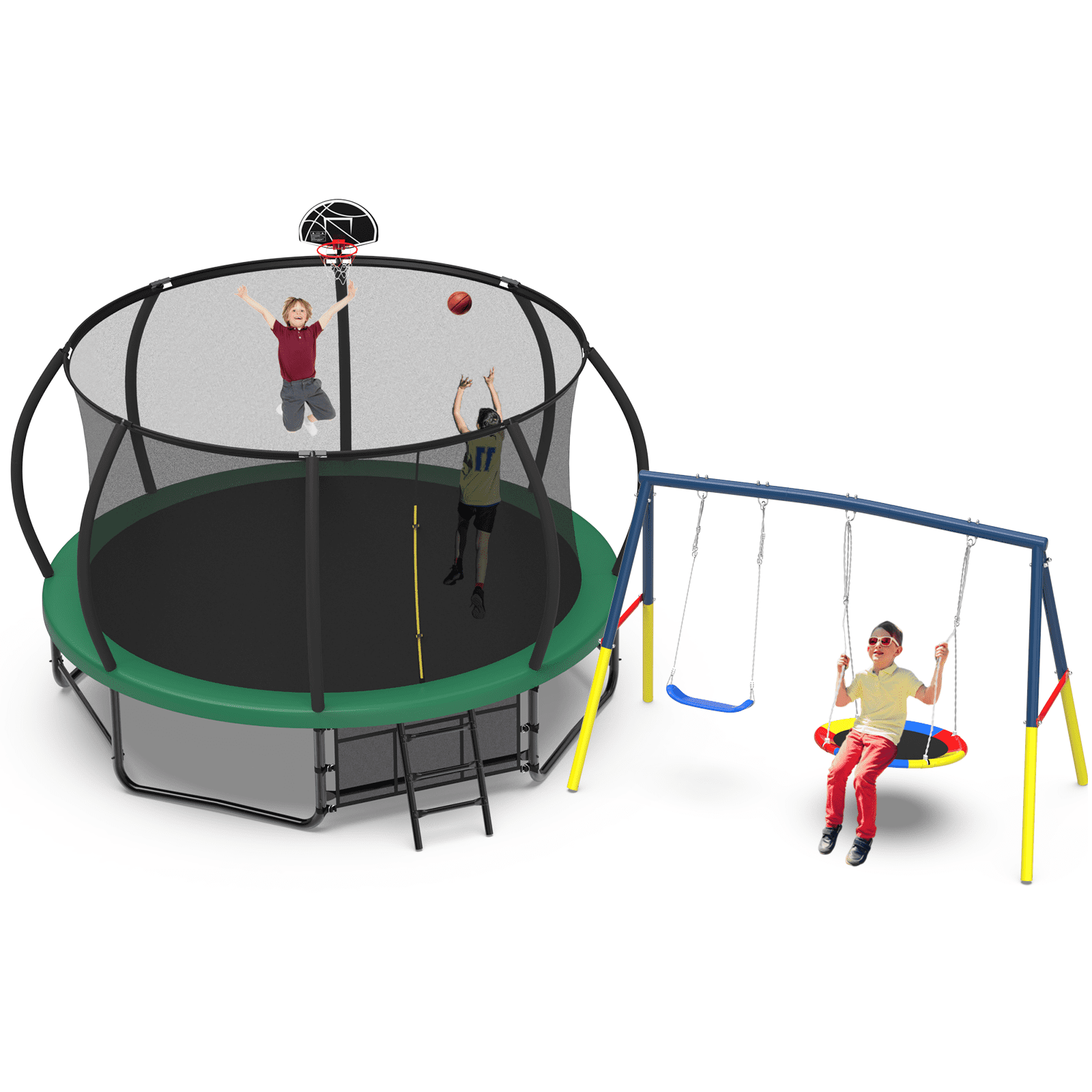 Mersco 14FT Heavy Duty Trampoline with Enclosure Net , Swing Set Outdoor Big Trampoline for Backyard, Kids Trampoline with Basketball Hoop,  Kids Birthday and Festival Gifts,Green