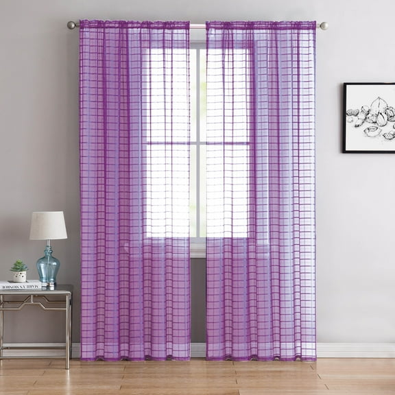 Single (1) Sheer Rod Pocket Window Curtain Panel: 55 W X 90 L Plaid/Check Design (Soft Lilac/Purple)