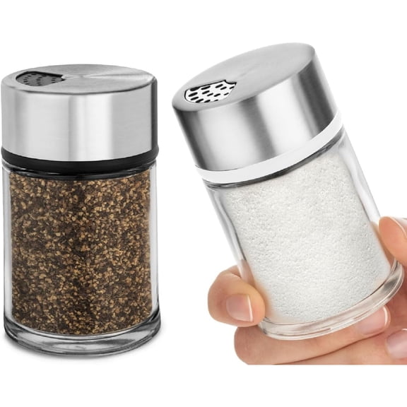 Salt and Pepper Shakers Set with Adjustable Pour Holes - Stainless Steel Spice Dispenser - Perfect for Pink Himalayan, Table Salt, Black and White Pepper (2.4 oz) - set of 2