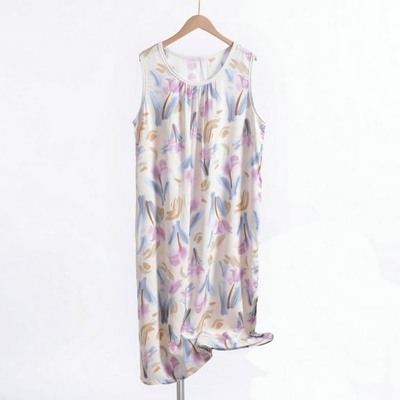 Fartey Plus Size Nightgowns for Women Sleeveless Sleepwear Wide Strap Floral Print Sleep Shirts Loose Casual Pleated Nightdress Purple 4XL