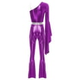 thumbnail image 4 of inlzdz Womens Shiny Metallic Disco Outfits One Shoulder Flared SlJumpsuits Purple S, 4 of 5