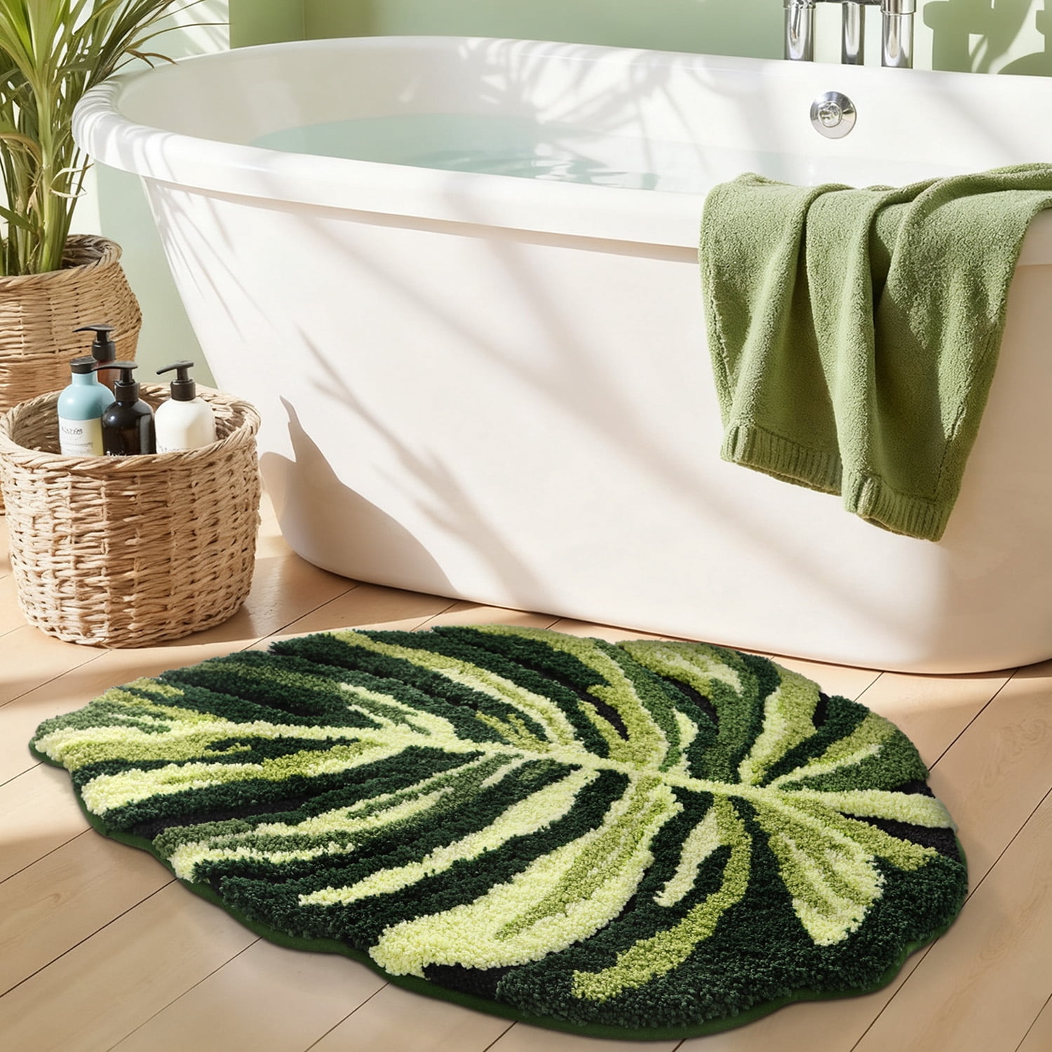 FRABE Cute Bathroom Rugs with Green Dark Monstera Leaf Plant, Soft Fluffy Plush, Absorbent Non Slip Bath Mat, Machine Washable,for Shower Floor,home, Bedroom, 24"x32"