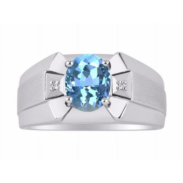 RYLOS Men's Rings Sterling Silver Rings Classic Designer 9X7MM Oval Gemstone & Diamond Ring Blue Topaz December Birthstone Ring Size 9