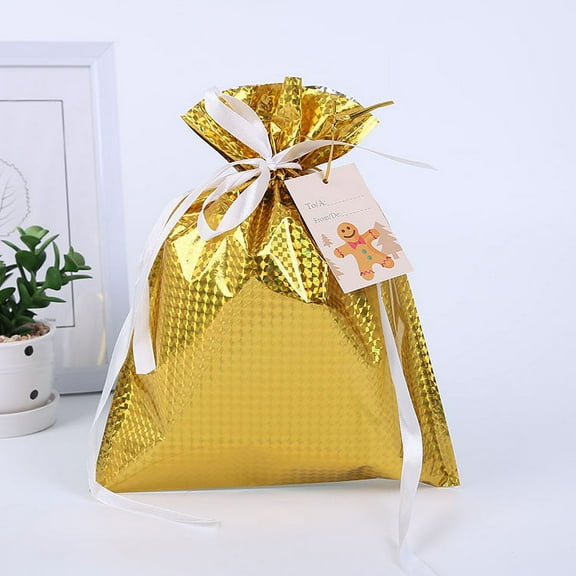 Namzi 10pcs 9.45x12.6inch Christmas Gift Bags Holiday Wrapping Bags,Drawstring Christmas Gift Bags Christmas Foil Gift Cloth Gift Bags(Gold)