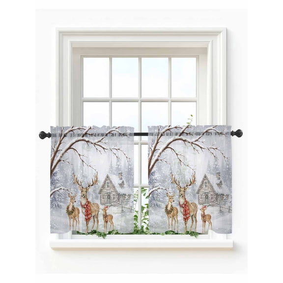 Christmas Deer Sheer Kitchen Tier Curtains 36 Inch Length,Short Curtains for Small Windows Cafe,Winter Snowflakes Xmas Tree Forest Cabin Rod Pocket Voile Half Window Treatments 27.5"x36" 2 Panels