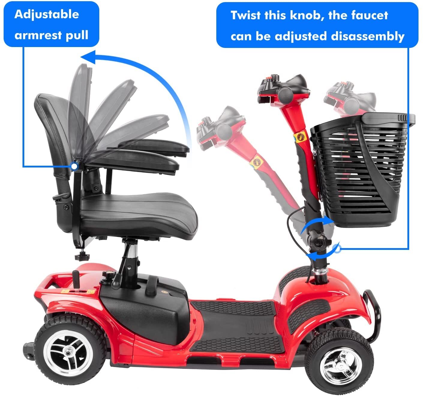 1inchome 4 Wheel Mobility Scooter for Seniors, Folding Electric Powered Wheelchair Device for Adults, Elderly, Gift for Elderly, Red - image 5 of 10