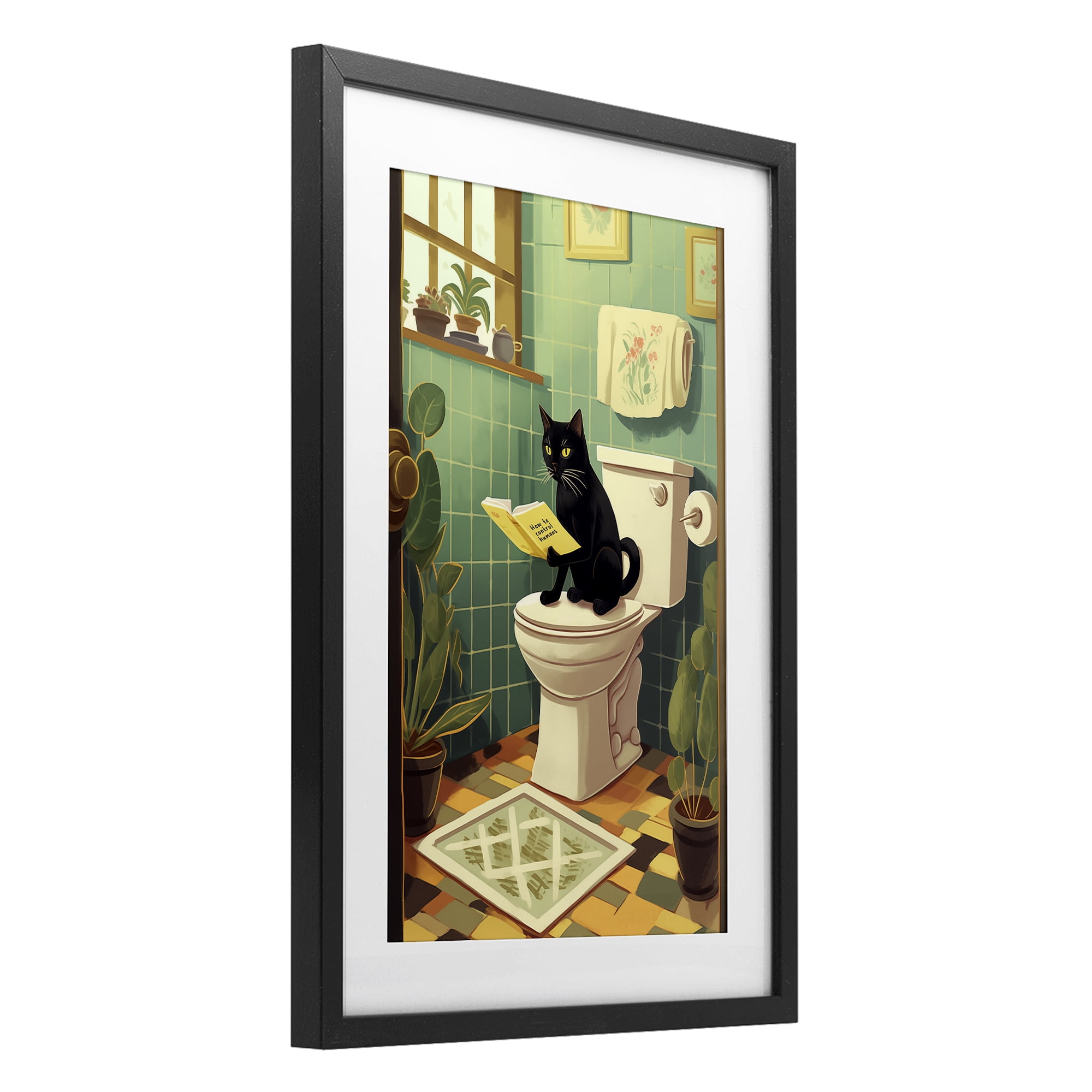 Cat Reading On Toilet Black Framed Print Under Glass, design by Andreas Magnusson