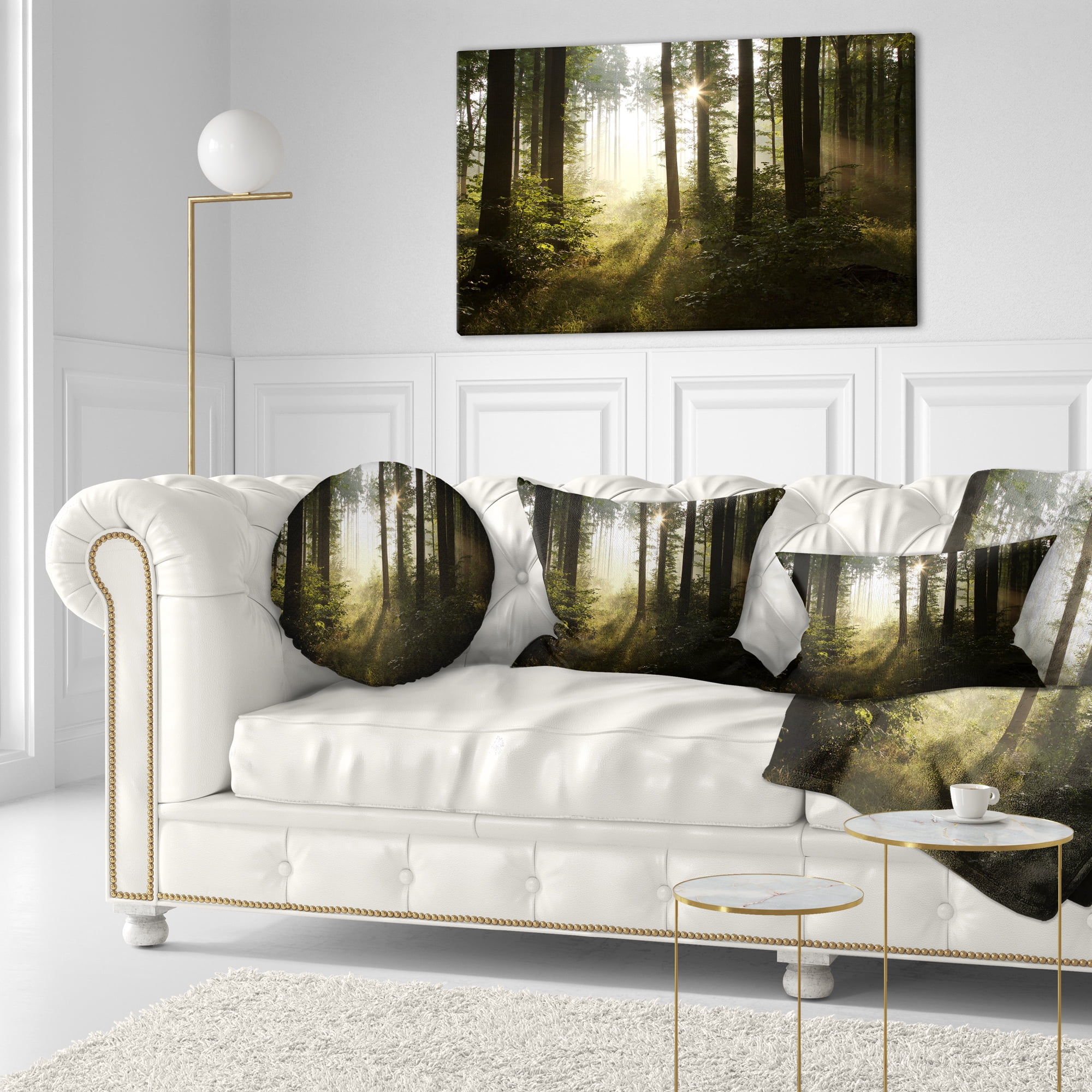 Designart Early Morning Sun in Misty Forest - Landscape Photography Throw Pillow - 12x20