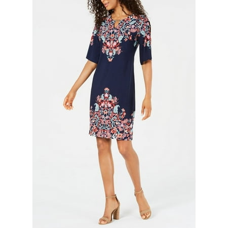 JM Collection Women's Printed Slit Sleeve Dress Navy Size Petite Small