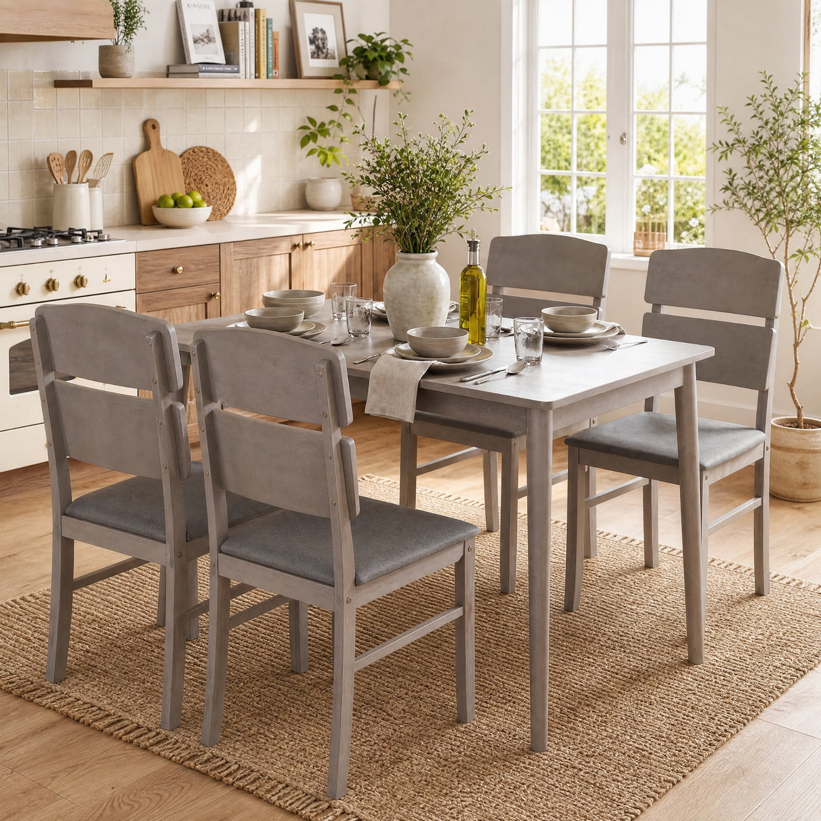 Furnibear 5 Piece Dining Table Set for 4 with High Curved Back Upholstered Chairs and Rubber Wood Legs for Kitchen and Dining Room, Walnut