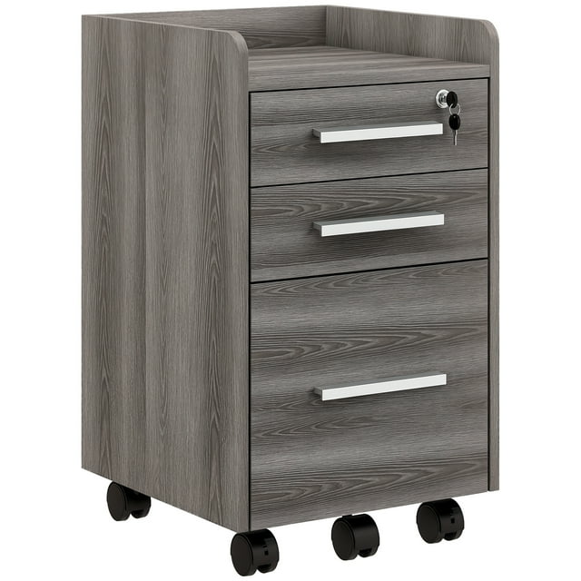 HOMCOM 3 Drawer Vertical File Cabinet, Mobile Filing Cabinet with Lock and Wheels for A4, Letter Size, Grey