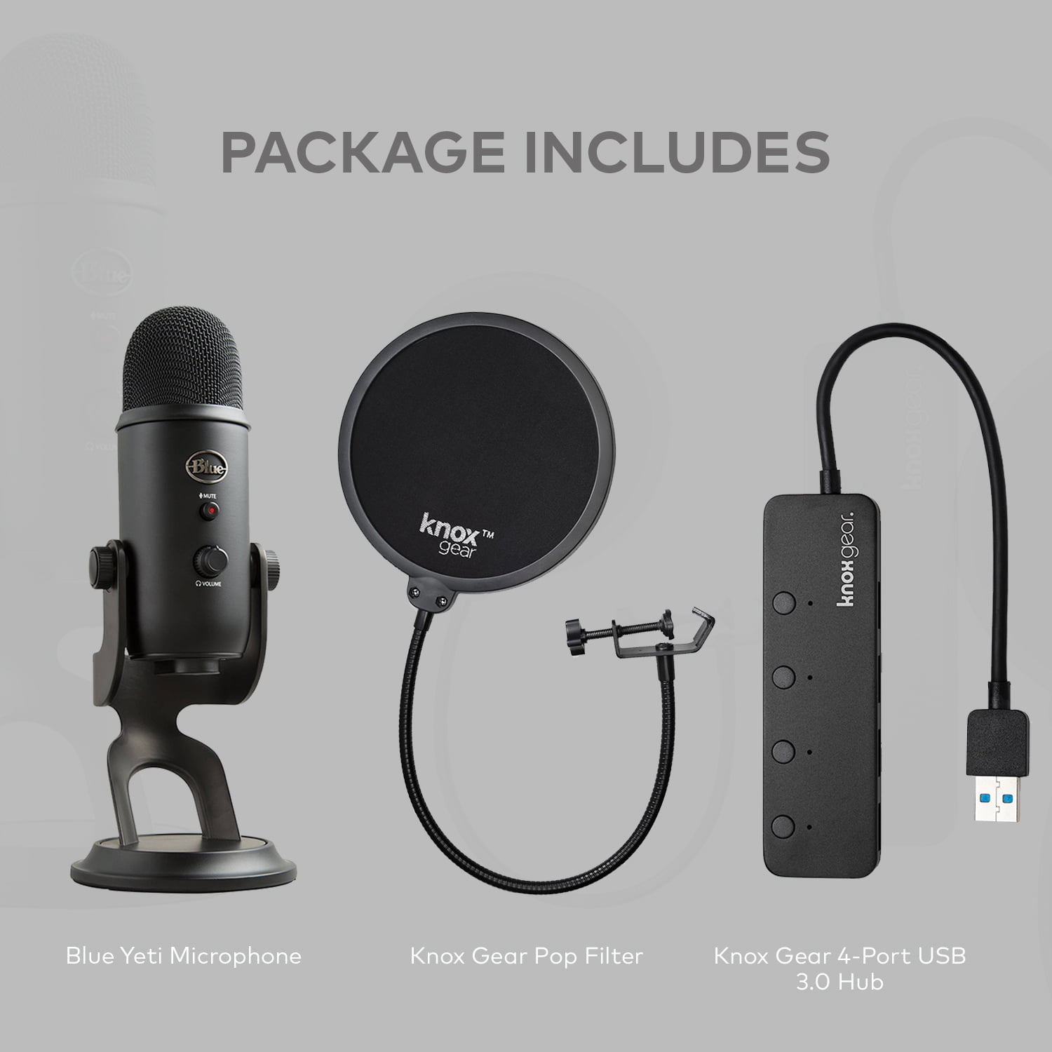  Blue Yeti Microphone (Blackout) with Knox Boom Arm Stand, Pop  Filter and Shock Mount Bundle, USB : Musical Instruments