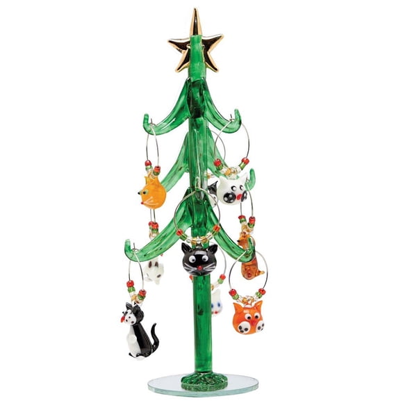 Glass Christmas Tree with Cat Wine Charm Ornaments-9"