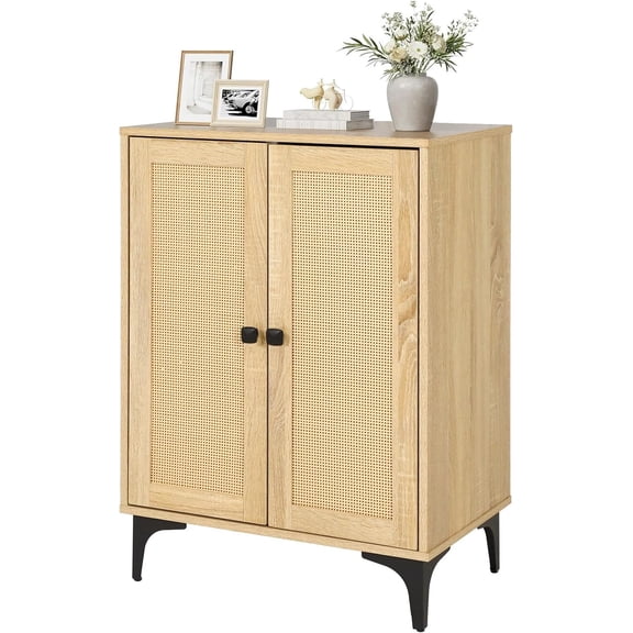 Rattan 2-Door Storage Cabinet Buffet - Boho Small Sideboard with Adjustable Shelves for Pantry Kitchen Entryway, Natural Weave 23.6" W x 15" D x 33.3" H