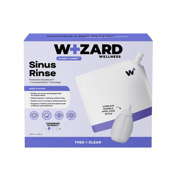 Wizard Wellness Ready-to-Use Cleansing Sinus Rinse and Nasal Irrigation Bottle Drug-Free Allergy Care with Activated Saline™, Postbiotics, and Skincare Hydrators Free Clear (Unscented), 23.6 oz