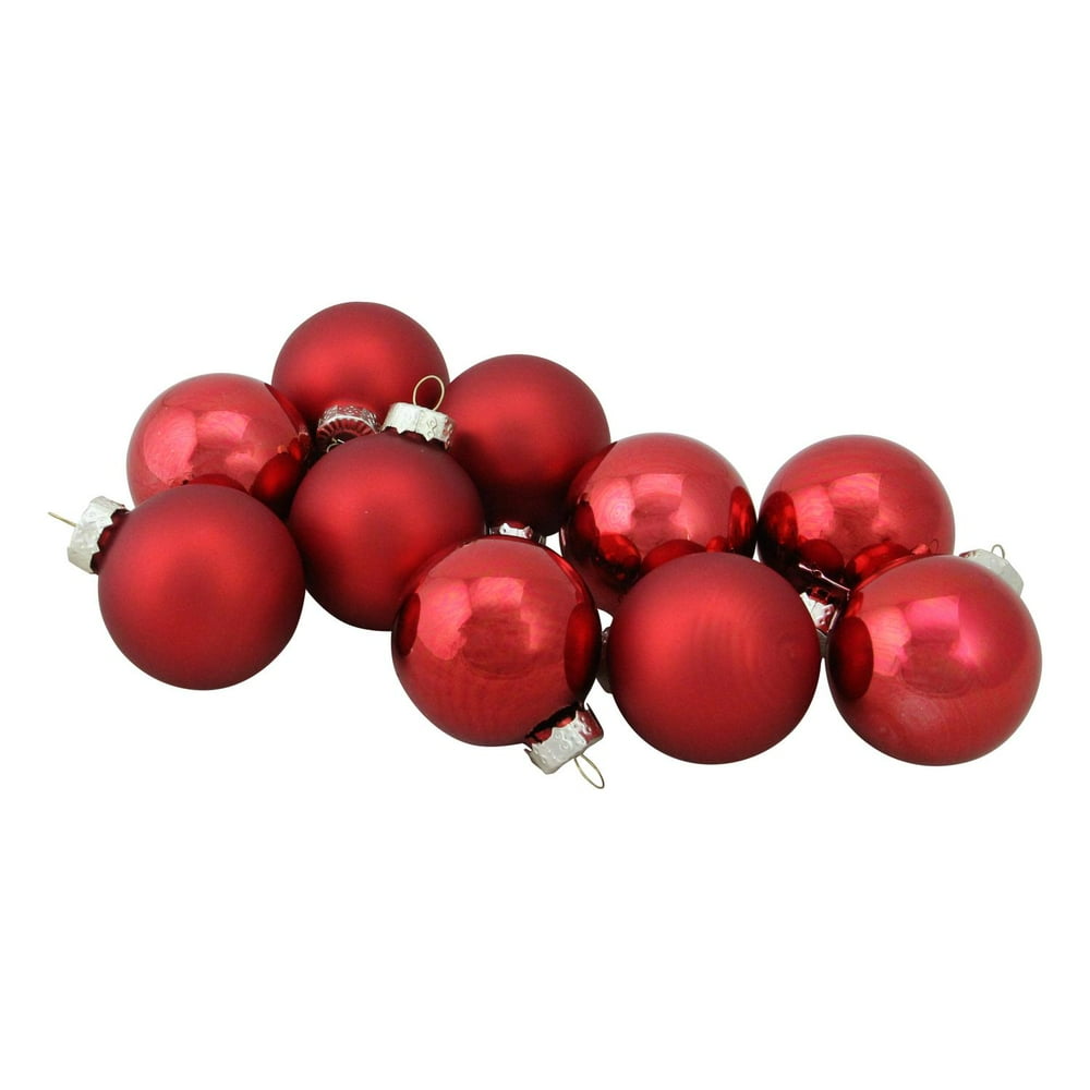 10Piece Shiny and Matte Red Glass Ball Christmas Ornament Set 1.75