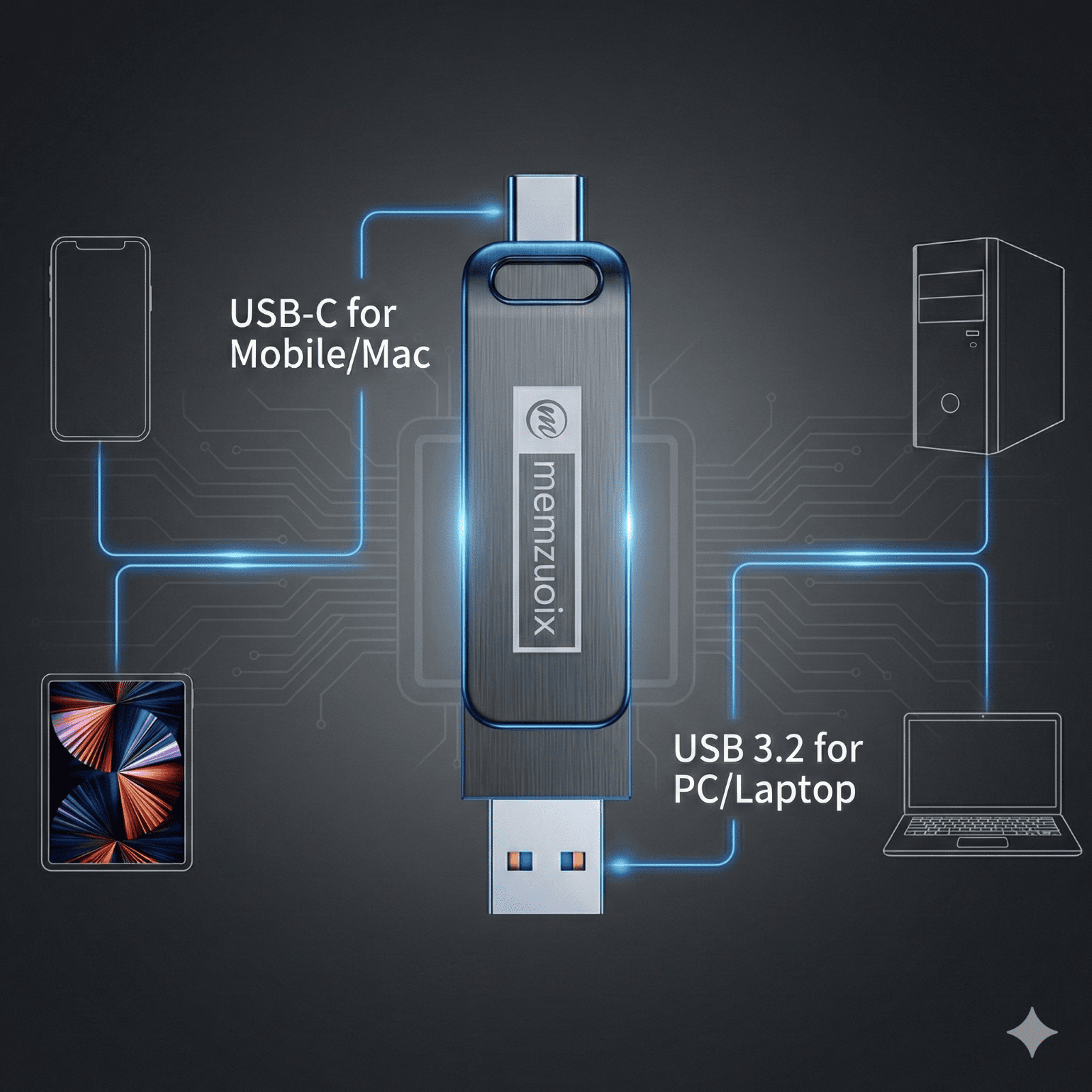 128GB USB Flash Drive, memzuoix Portable USB 3.2 Type-C Thumb Drive, Photo and Video Backup, 2 in1 External Memory Stick for PC/Laptop, Jump Drive for iPhone, OTG Android Phone, PC, Black