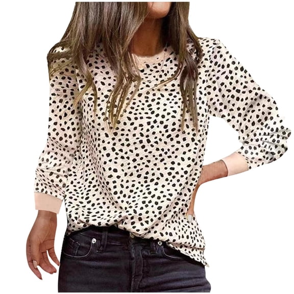 Oplxuo Women's Long Sleeve Leopard Blouses Dressy Crew Neck Patchwork Loose Tops Casual Ladies Tunic T-Shirts