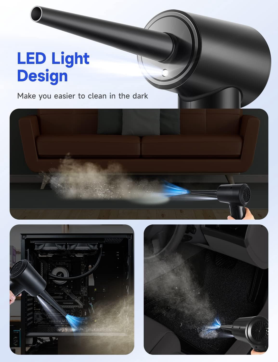 Compressed Air Duster 51000 RPM 3 Speed, Electric Air Duster Portable with LED Light, 6000mAh Rechargeable Cordless Air Blower Fast Charge for Computer Keyboard Black
