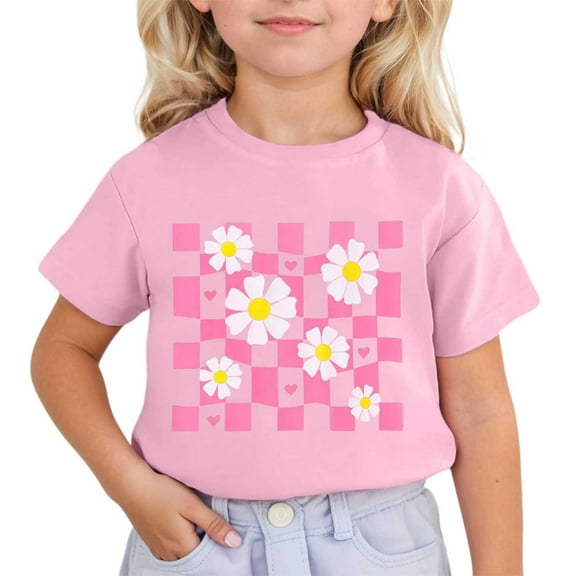 Baby Girl Summer Clothes Kids Girls Summer Cute Flower Prints Short Sleeved Round Neck T Shirt Toddler Casual Breathable Tops Baby Boy Summer Clothes Pink 3 Years-4 Years