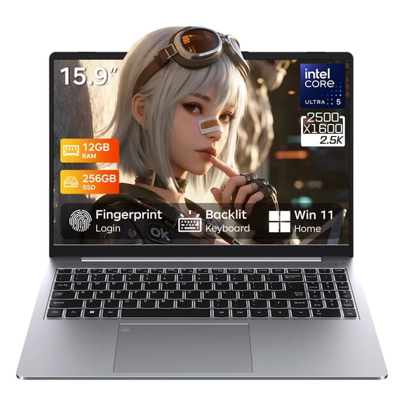 RNRUO 15.9" Windows 11 Laptop, Intel Core Ultra 5 115U, 12GB LPDDR5 RAM, 256GB SSD, 2K UHD Display, Fingerprint, Backlit KB, WiFi 6, BT5.2, Office 2024, Business Home Use Laptop