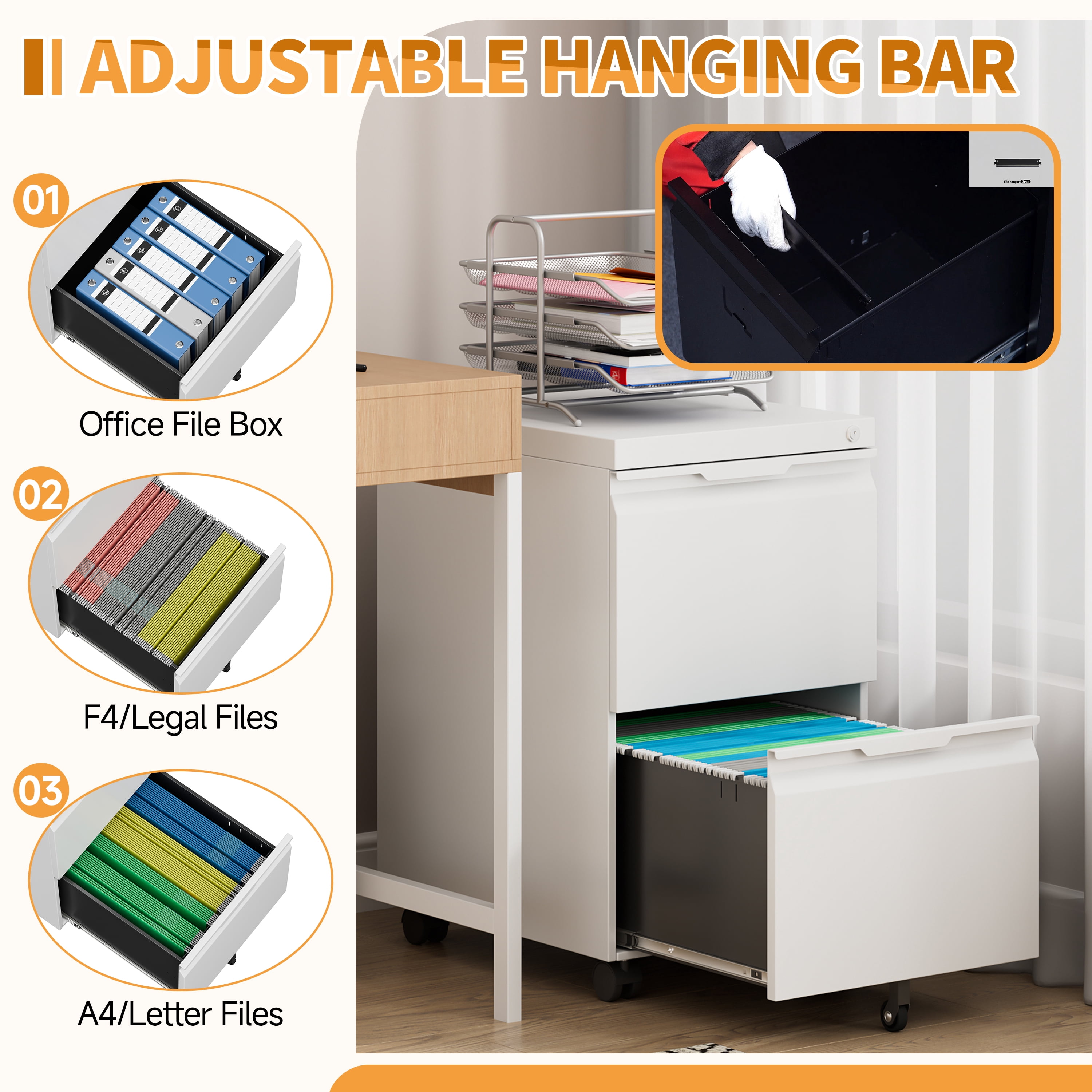 2 Drawer File Cabinet with Lock, Small Metal Filing Cabinets for Home Office, Rolling File Cabinet for Folders, Under Desk Cabinet on Wheels for Legal/Letter/A4 Files, Assembly Required (White)