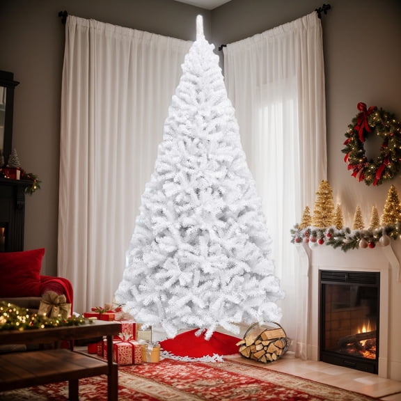 Spaco 9 Ft Hinged Artificial Christmas Tree with Sturdy Metal Stand, Stereoscopic Christmas Tree, Stable and Durable Christmas Tree for Indoor and Outdoor, White