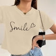 thumbnail image 2 of MIXUE Womens Summer Tops Letter Print Round Neck Short Sleeve Loose Casual Shirts For Women Tee Shirts Activewear,Beige,XL, 2 of 4