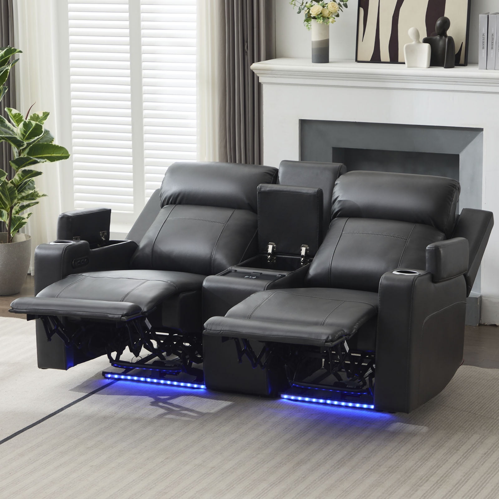 Power Loveseat Recliner Sofa, Home Theater Seating with Adjustable Headrest, Blue LED Lighting, Reclining Loveseat, Storage, Cup Holder, USB, Wireless Charging