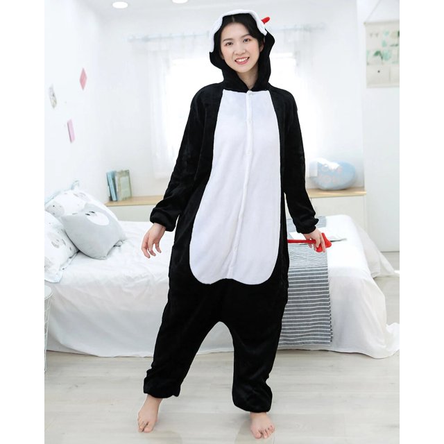 Conjunto de pijamas negros de lana con dibujos animados para adultos, Pijama de una pieza con animales Kigurumi, ropa de dormir, disfraz de Cosplay de Navidad e invierno