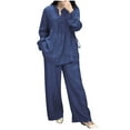 thumbnail image 3 of UVEASISHA Cotton Linen Sets for Women Plus Size Loose Comfy Lounge Set Long Sleeve Button Down Shirts and Wide Leg Pants Matching Loungewear Sets Dark Blue L, 3 of 7