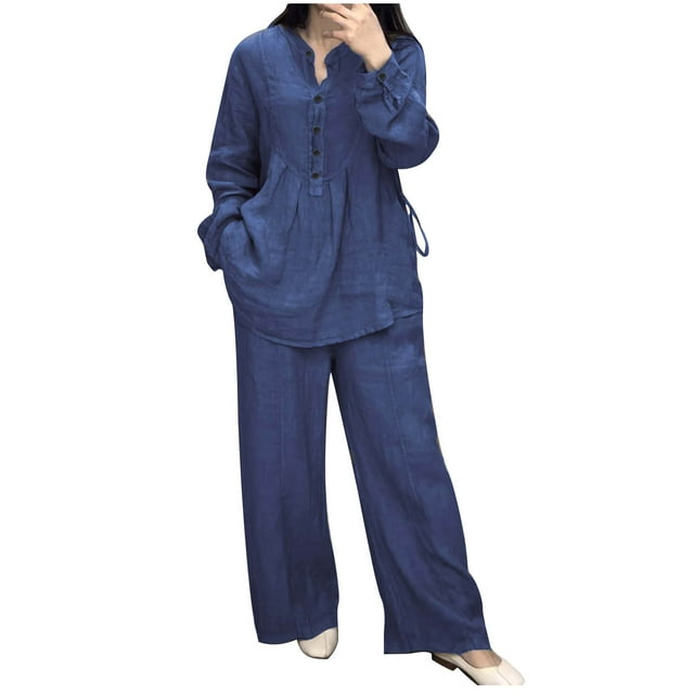 Timegard Lounge Sets for Women 2 Piece Fall Plus Size Button Shirts Top Wide Leg Pants with Pockets Outfits