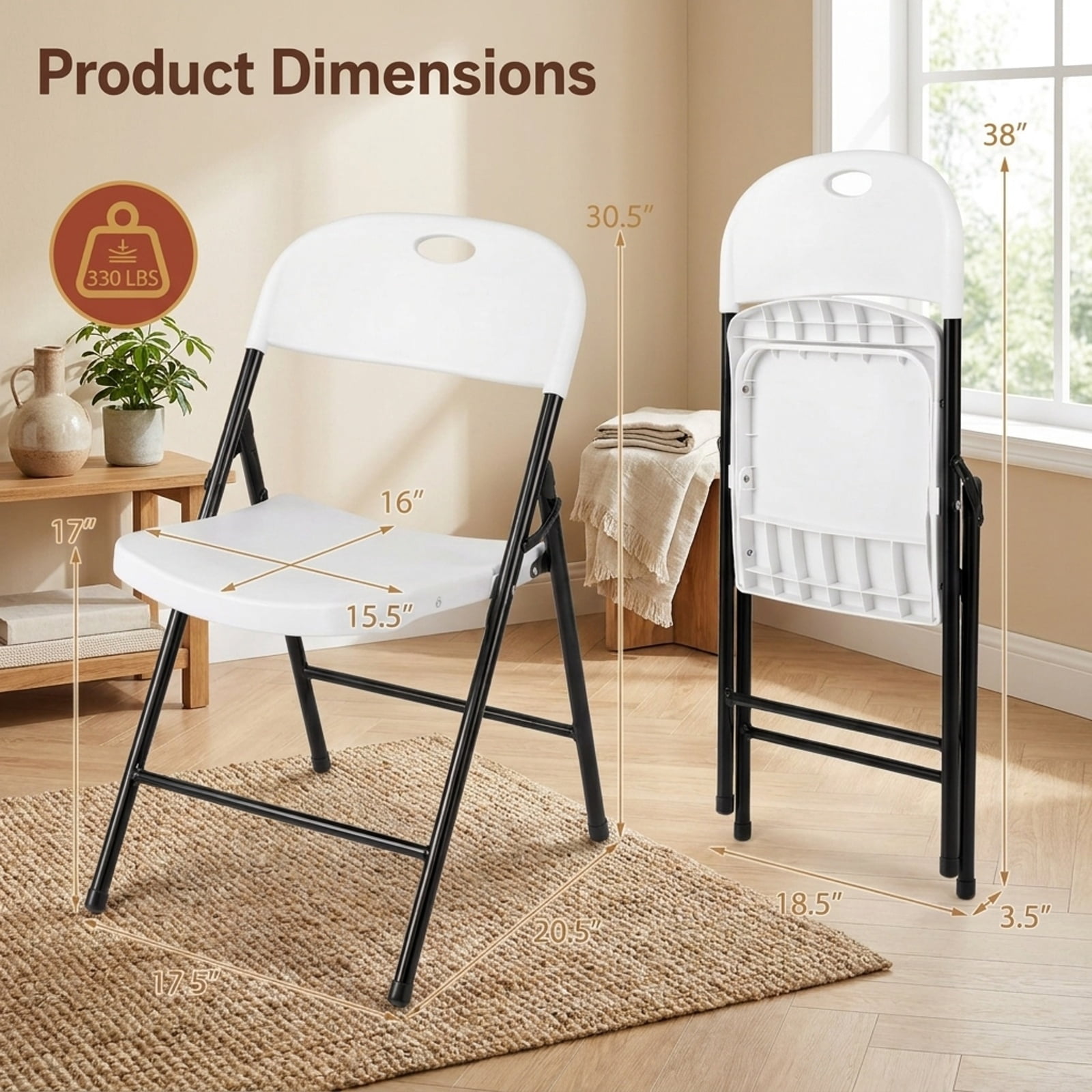 Furnibear Set of 4 Foldable Plastic Chairs with Ergonomic Backrest for Kitchen Dining Room Living Room Home, White