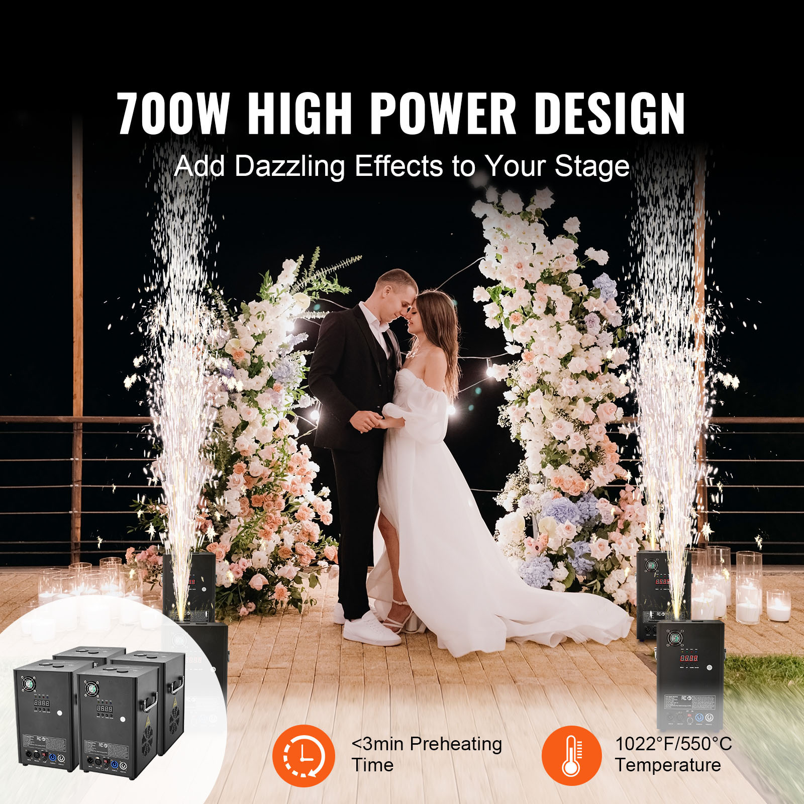 KFFKFF 4Pcs Cold Spark Machine, 700W 6.6-16.4ft Firework Machine DMX512 Adjustable Smart Stage Effect Machine Safe Great Low Noise Smokeless for Stage DJ Disco,Black
