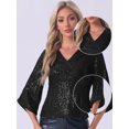 thumbnail image 2 of DARING DIVA Women's 3/4 Sleeve V Neck Sparkly Blouses XS Black, 2 of 6
