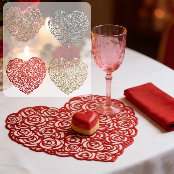 Heart Shape PVC Table Mat Round 14.9in Waterproof Scald Resistant Valentine’s Day Decor Rose Gold Red Silver Gold