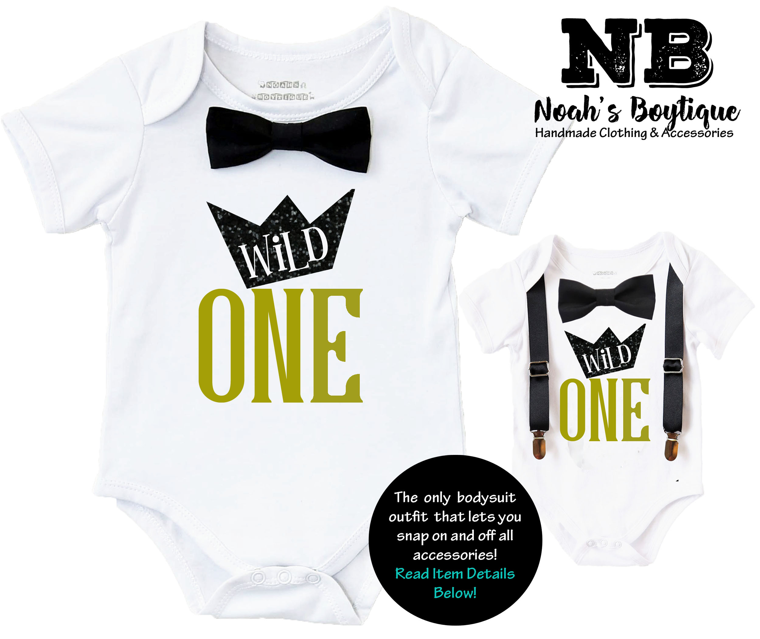 Wild One Boys First Birthday Shirt Outfit Boy with Black Bow Tie Black Suspenders and  Gold  Saying Cake Smash 1st Birthday Party Noah's BoytiqueNoah's Boytique 6-12  Months - image 3 of 5