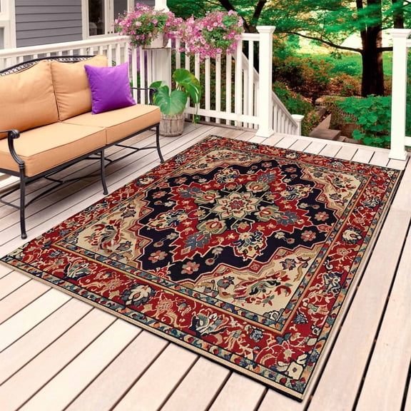 Red Boho Outdoor Rug for Patio/Deck/Porch, Non-Slip Large Area Rug 4 x 6 Ft, Contemporary Abstract Ethnic Retro Geometric Indoor Outdoor Rugs Washable Area Rugs, Reversible Camping Rug Carpet Runner