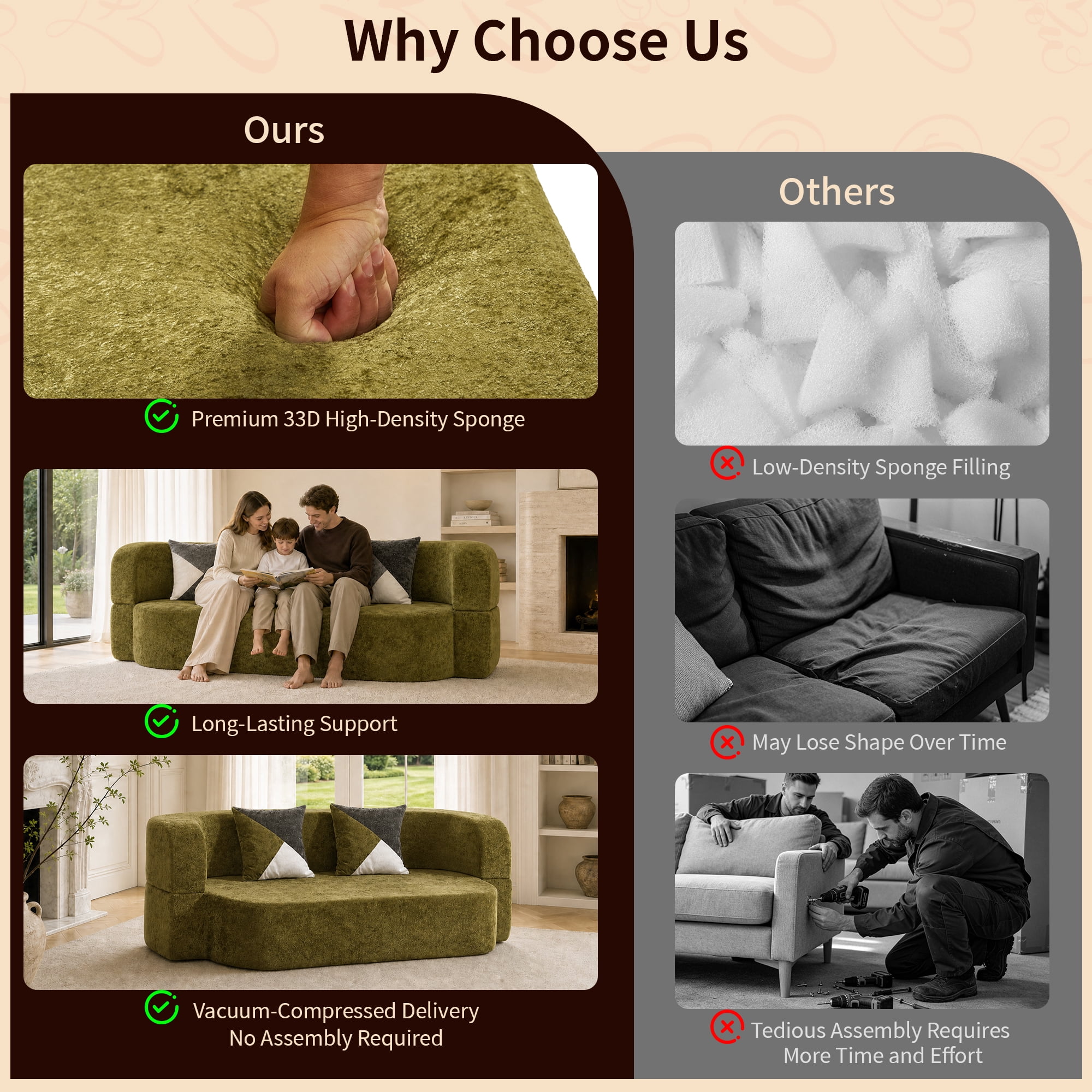 78.74"W Eggshell Convertible Sofa,Floor Couch,Sleeper Sofa Bed,No Assembly High-Density Sponge Loveseat with 2 Pillows for Living Room, Apartment,Small Spaces,Olive Green