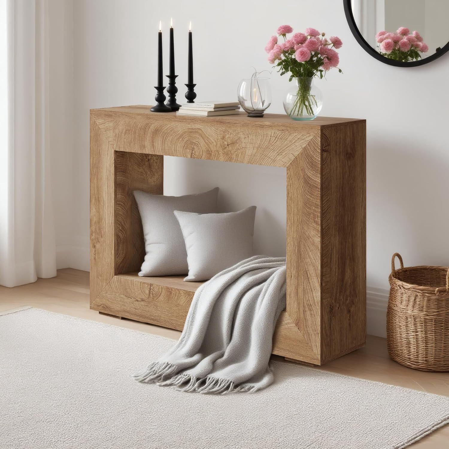 QinaQin Farmhouse Console Table for Entryway,Wooden Sofa Side Table with Storage,Rustic Accent Hallway Furniture,Natural
