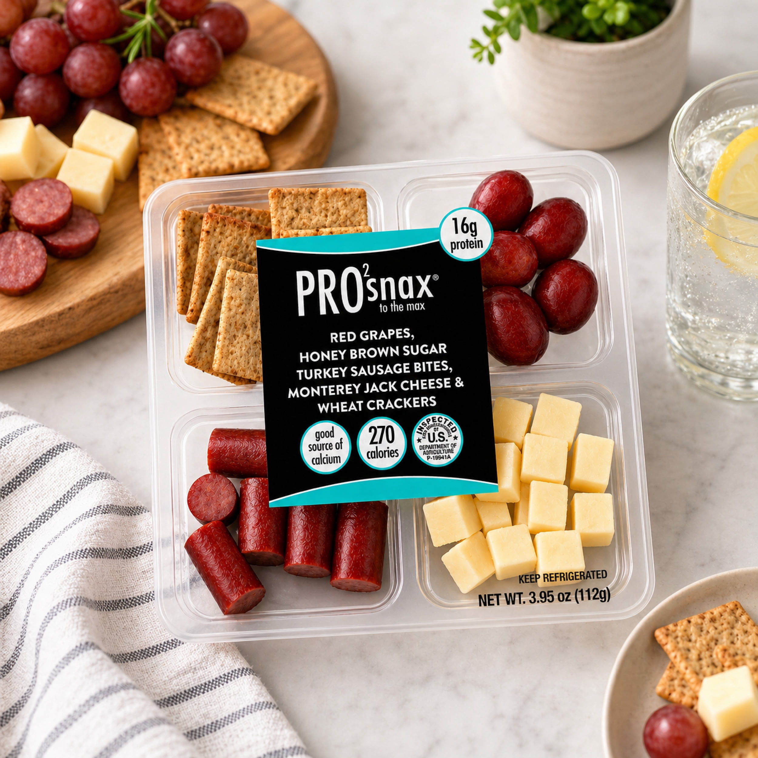 PRO2snax To The Max Red Grapes, Honey Brown Sugar Turkey Sausage Bites, Monterey Jack Cheese & Wheat Crackers, 3.95 oz.