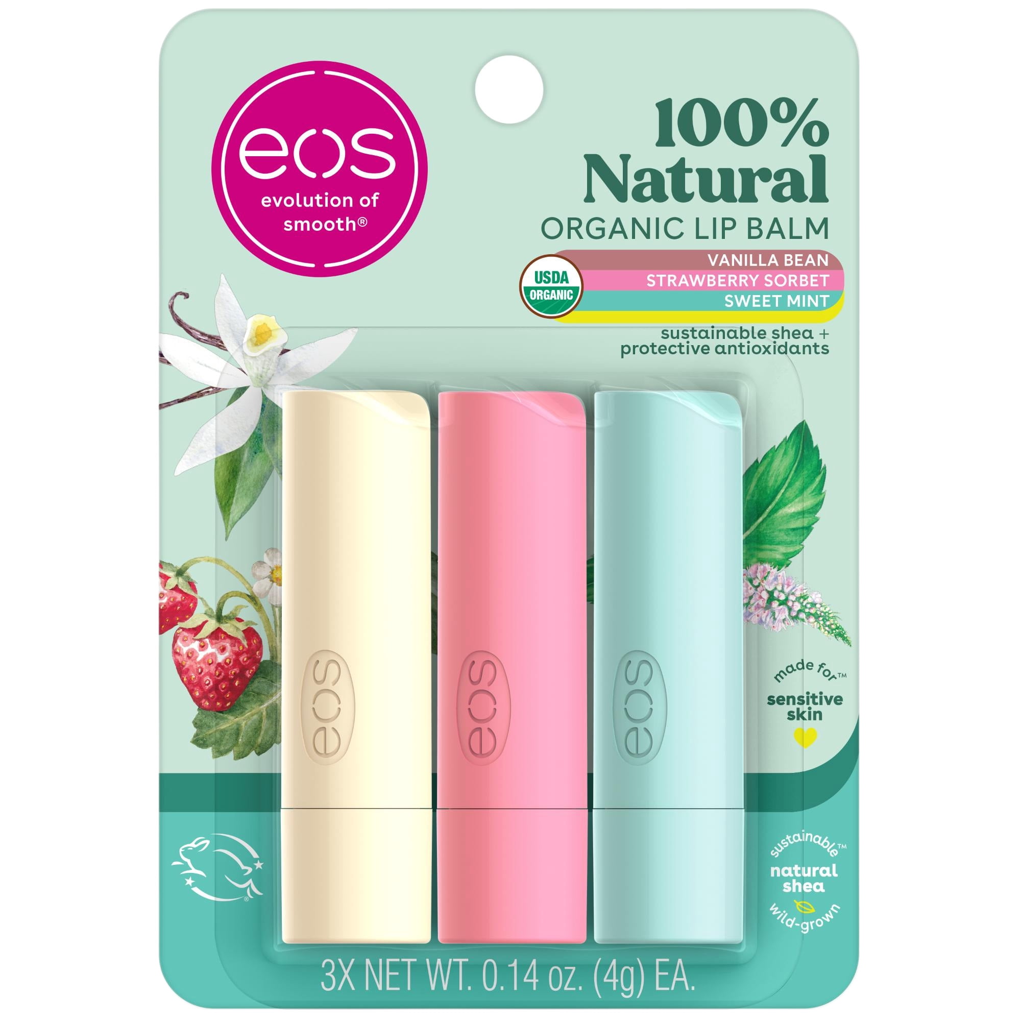 eos 100% Natural & Organic Lip Balm- Strawberry, Mint, Vanilla - 0.14 oz, 3 pack